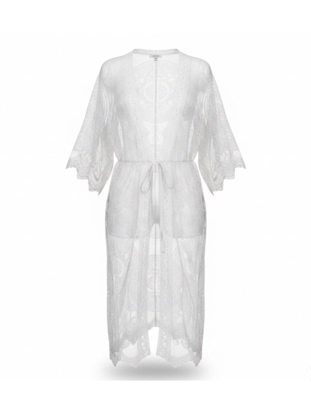 I Am Womens White Lace Open Front Duster Kimono Cardigan With Waist Tie One Size